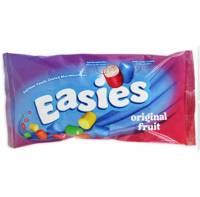 Easies - Original Fruit candy-coated marshmallows packaging.