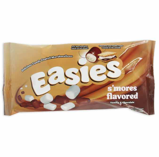 Easies candy coated marshmallows, s'mores flavored with chocolate and vanilla coating, packaging.