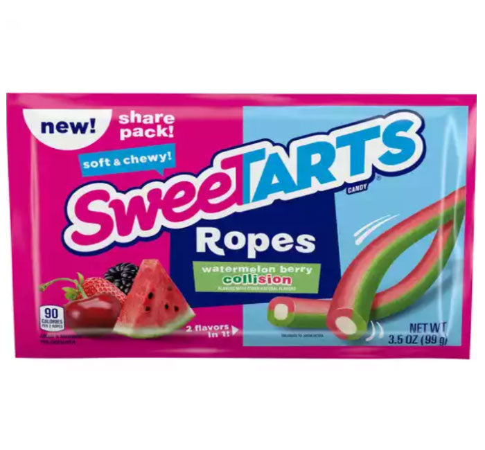SweeTarts Ropes Watermelon Berry Collision candy packaging with fruit images and soft, chewy texture description.