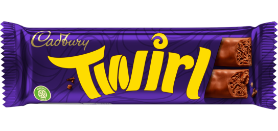Cadbury Twirl Chocolate Bar with milk chocolate coating and swirled interior from the UK.