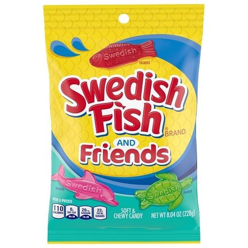 Swedish Fish and Friends sea creature-shaped gummies, 8.04 oz bag.