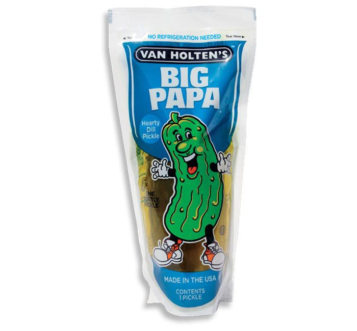 Big Papa Dill Pickle in Van Holten's packaging, ready to eat.
