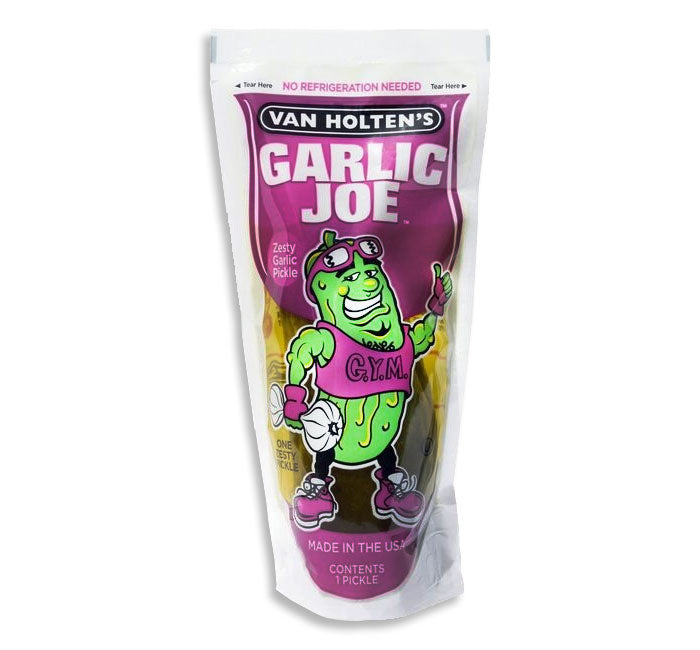 Van Holten's Garlic Joe Pickle in pouch, zesty garlic flavor.