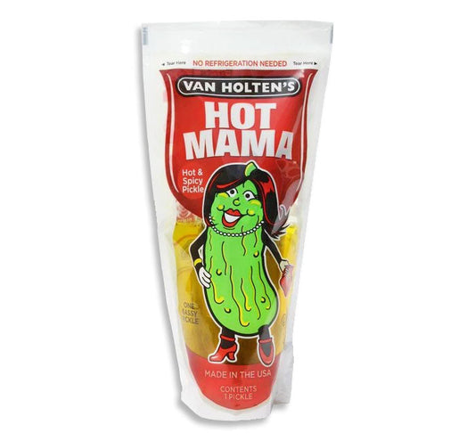 Van Holten's Hot Mama Pickle pouch with spicy pickle design.
