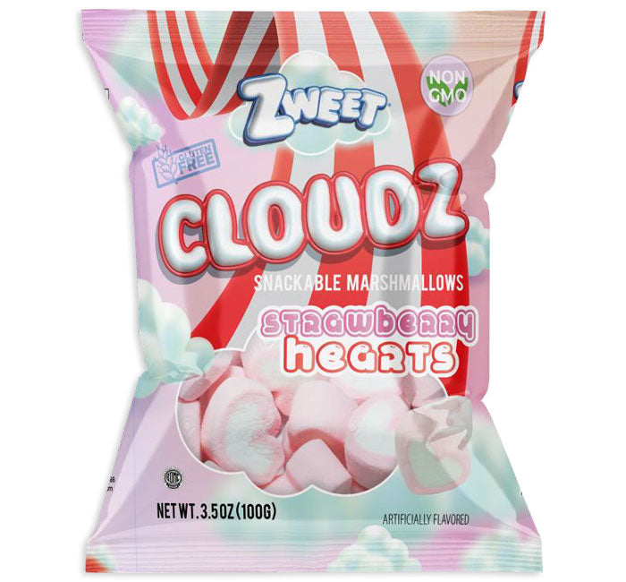 Heart-shaped strawberry marshmallows in a 3.5 oz bag.