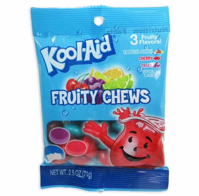 Kool-Aid Fruity Chews bag with Tropical Punch, Cherry, and Grape flavors, 2.5 oz.