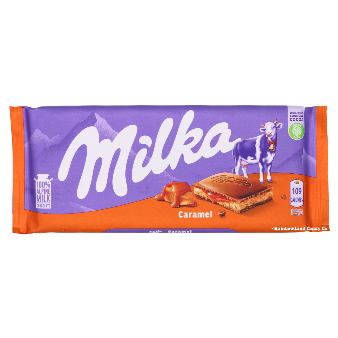 Milka Caramel Milk Chocolate Bar with caramel filling from Europe.