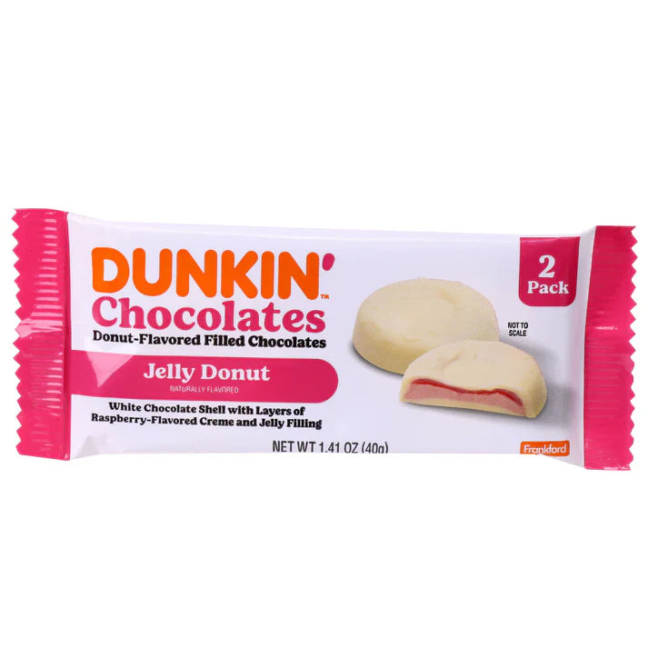 Dunkin Chocolates Jelly Donut with white chocolate shell and raspberry-flavored creme.