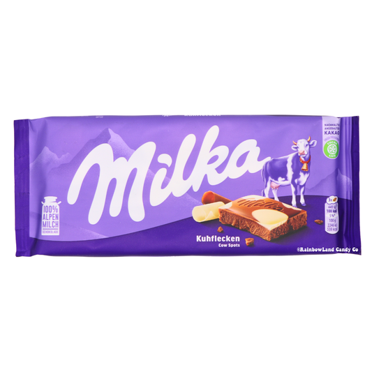 Milka Cow Spots Chocolate Bar, a blend of white and milk chocolate.