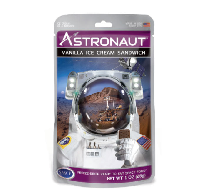 Astronaut Freeze Dried Vanilla Ice Cream Sandwich packaging with space-themed design.