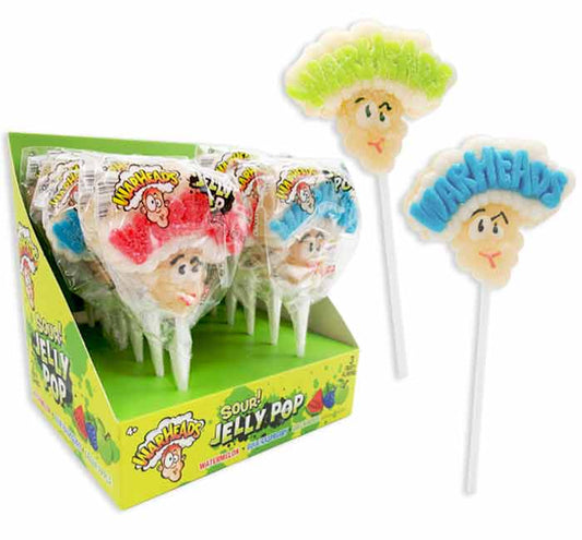 WarHeads Sour Jelly Pop in assorted intense sour flavors with dusted coating.