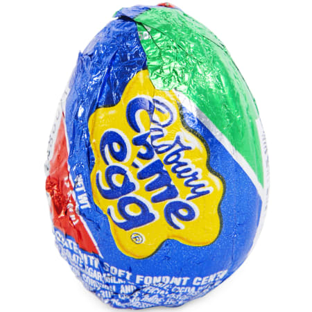 Cadbury Creme Egg wrapped in colorful foil with creamy fondant center.