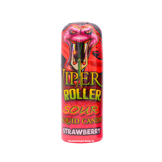 Viper Roller sour liquid candy bottle featuring strawberry flavor.