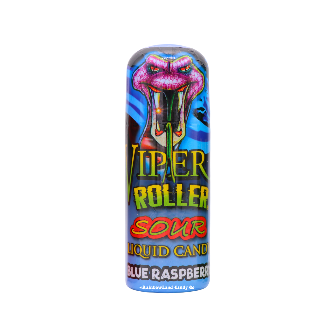 Viper Roller sour liquid candy in a blue raspberry roller bottle.