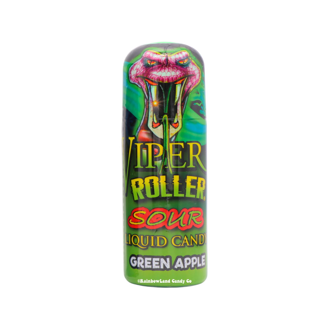 Viper Roller Sour Liquid Candy in Green Apple flavor with interactive roller bottle.