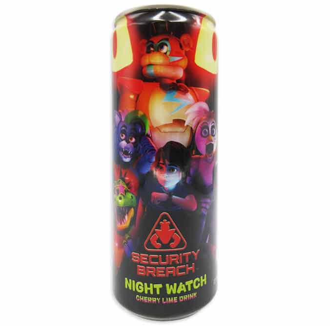 Five Nights at Freddy's cherry-lime drink can with game characters.
