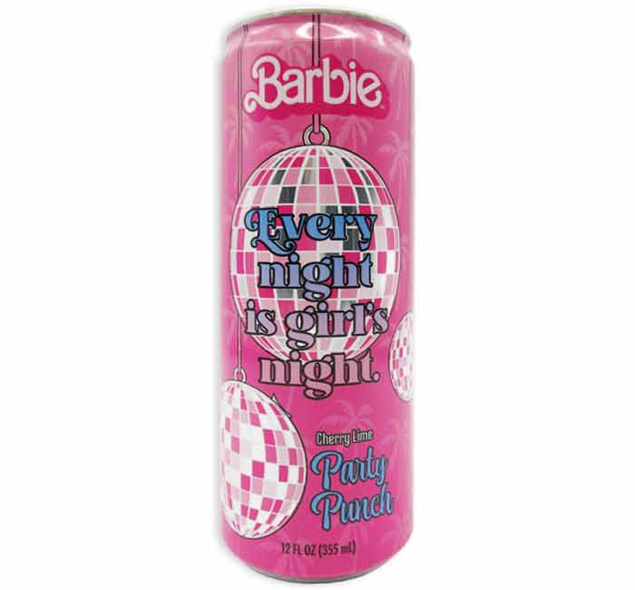 Barbie Party Punch cherry lime soda can with vibrant pink design.