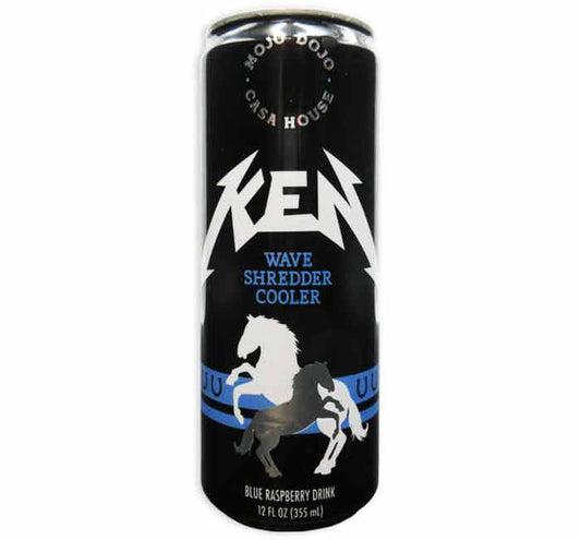 Barbie Ken Wave Shredder blue raspberry flavored drink can with logo.