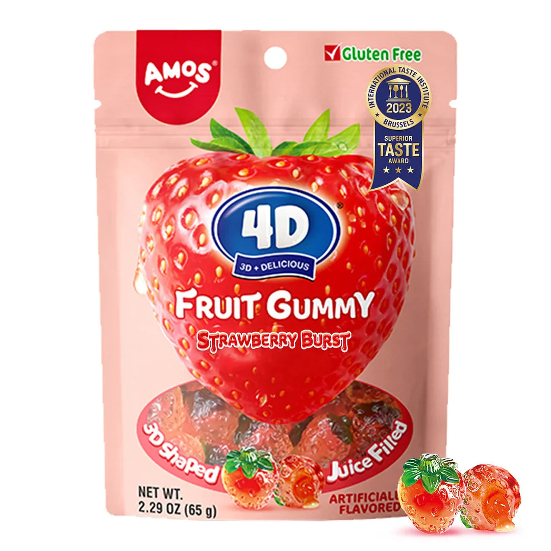 4D Strawberry Juicy Burst Gummies in 2.29 oz bag, 3D-shaped juice-filled gummy.