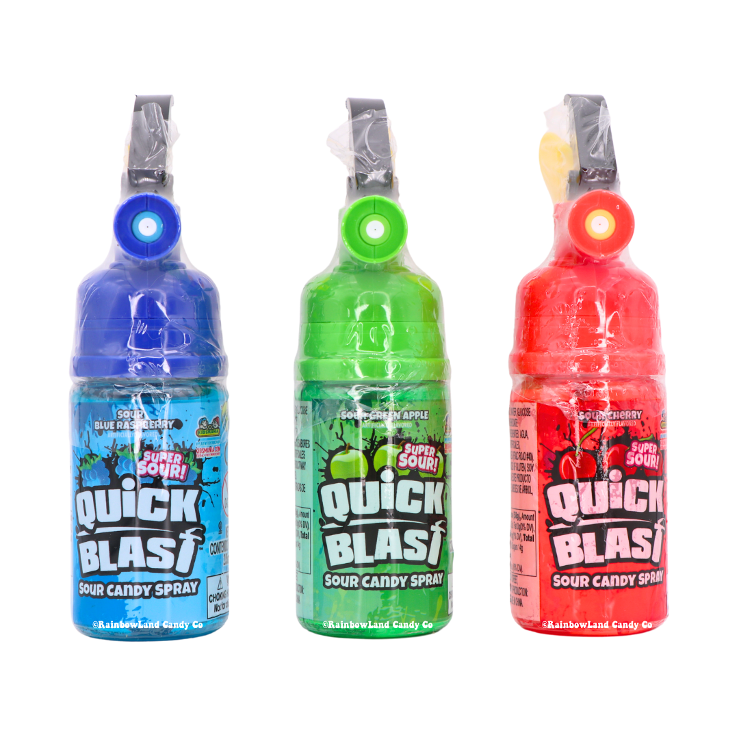 Quick Blast Sour Spray candy bottles in blue, green, and red flavors.