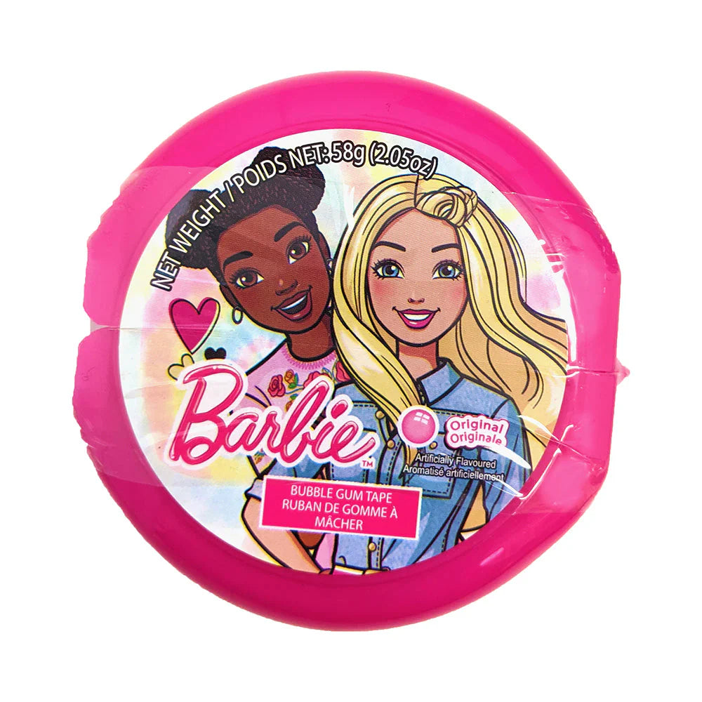 Barbie Bubble Gum Tape with pink packaging featuring Barbie, available in Original and Blue Raspberry flavors.