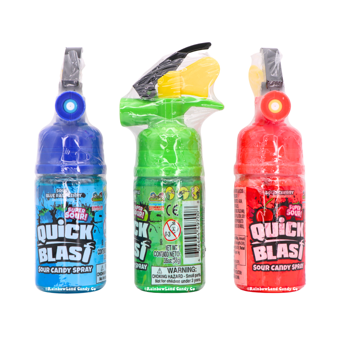 Quick Blast Sour Spray Candy in fire extinguisher-style bottles, featuring blue raspberry, green apple, or cherry flavors.