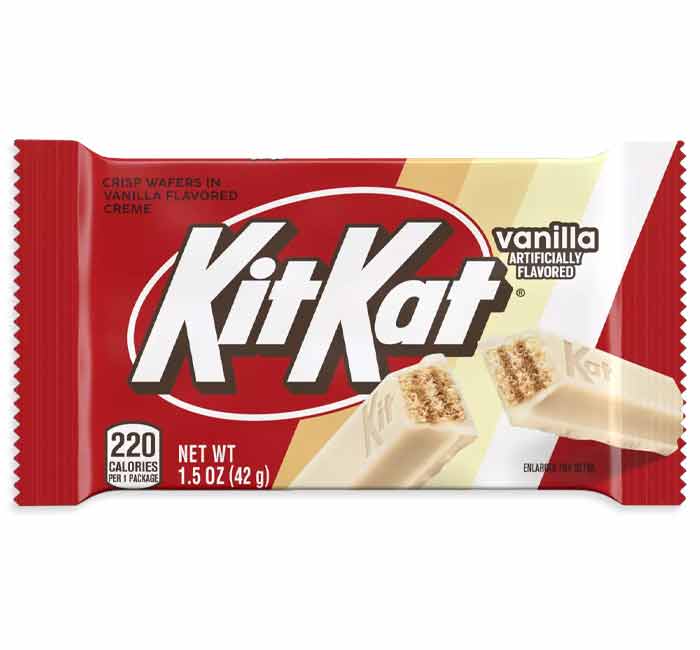 Kit Kat Vanilla candy bar with crisp wafers and vanilla flavored creme packaging.