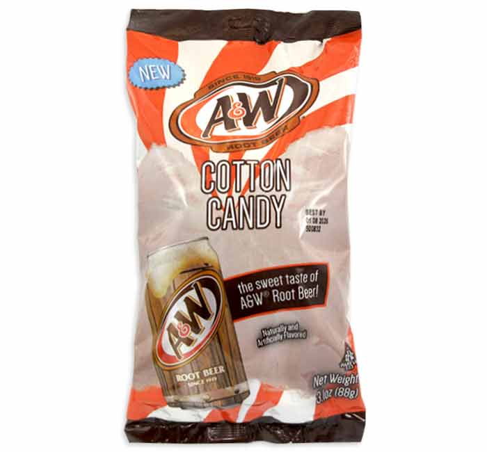 A&W Root Beer Cotton Candy packaging with creamy spiced root beer flavor, 3.1 oz.