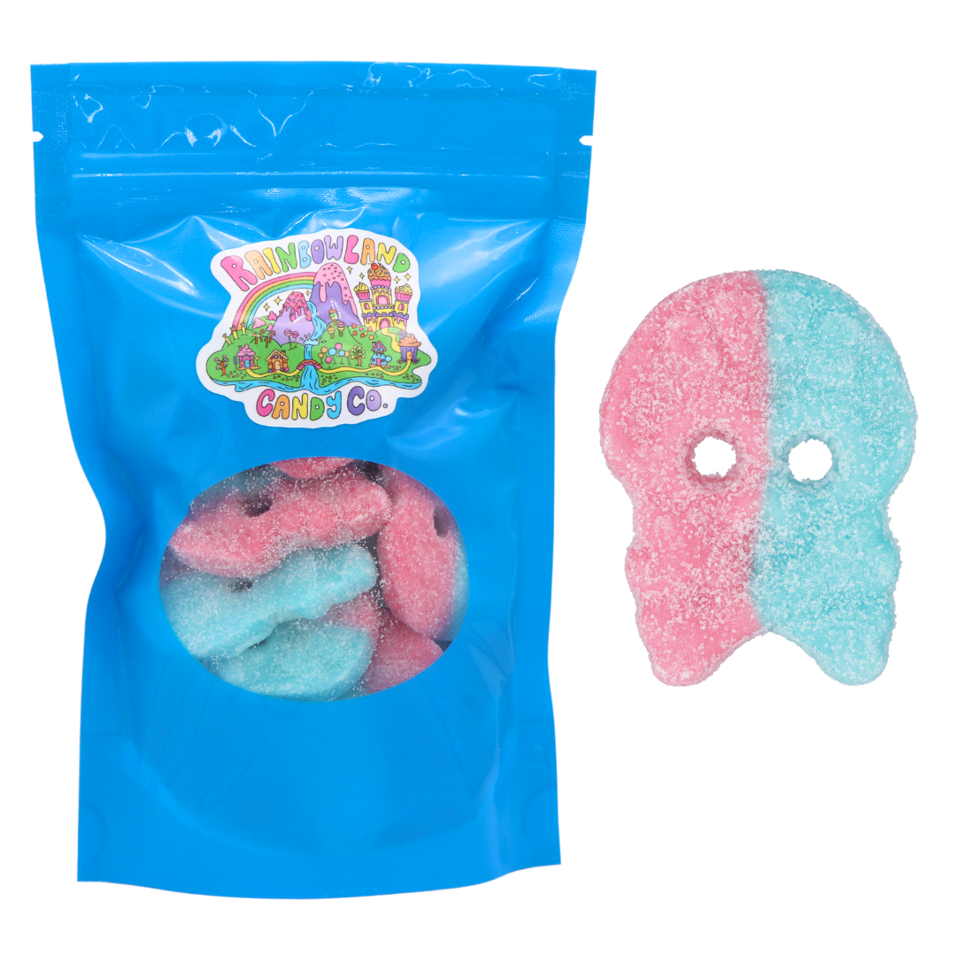Chewy, sour Bubs Dizzy Skulls candy in fun skull shapes, 6.8 oz bag.