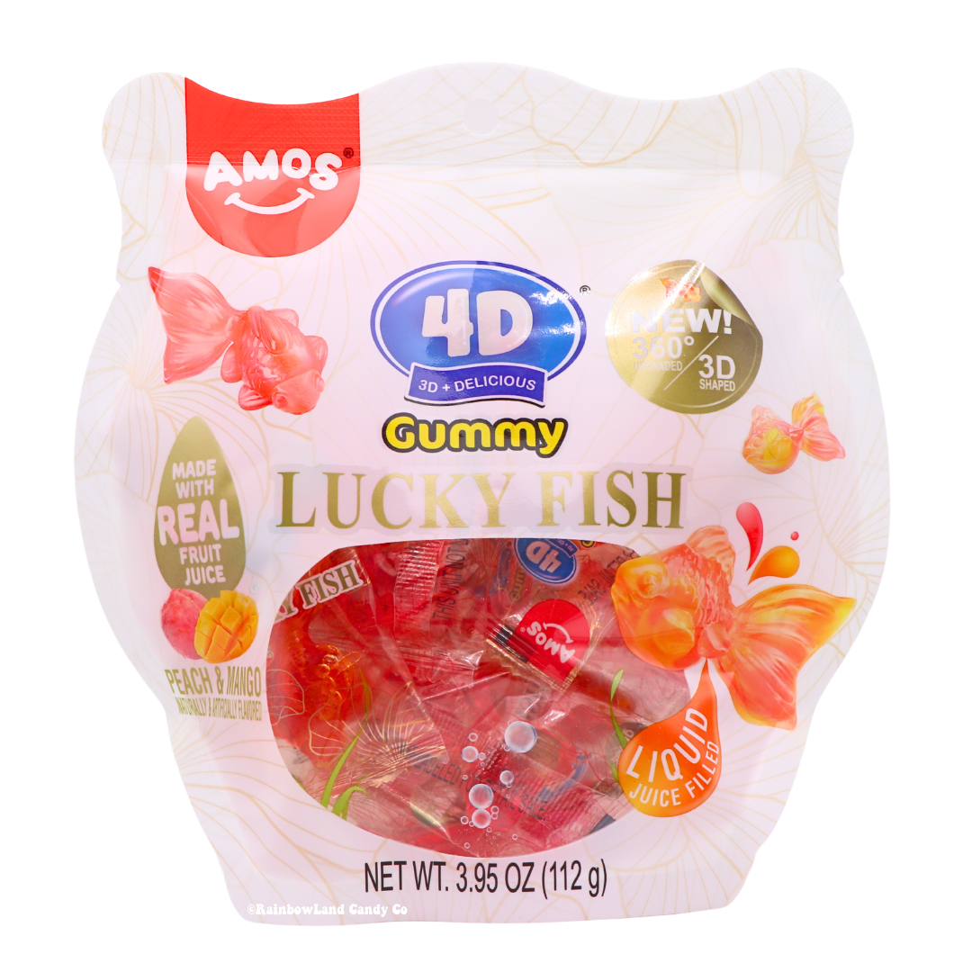 4D Gummy Lucky Fish peach and mango flavored candies with juicy liquid centers.