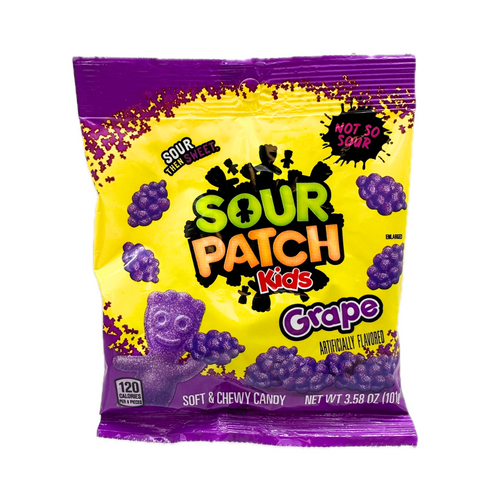 Sour Patch Kids grape-flavored gummies, 3.58 oz bag, with best by date 5/2/25.