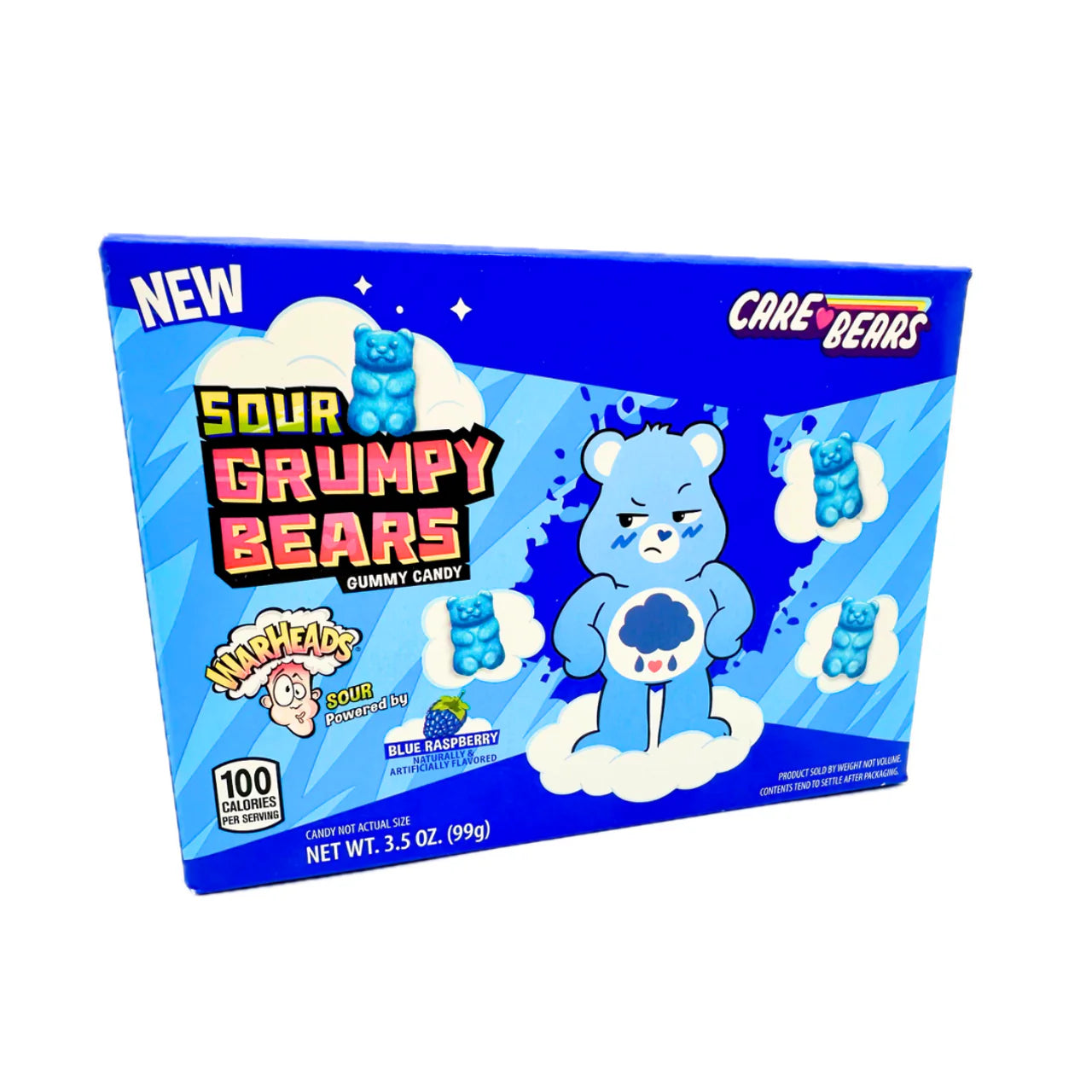 WarHeads Sour Grumpy Care Bears blue raspberry gummy candy box, 3.5 oz.