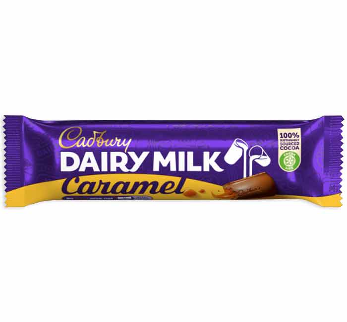 Cadbury Dairy Milk Caramel Bar with rich caramel and smooth milk chocolate.