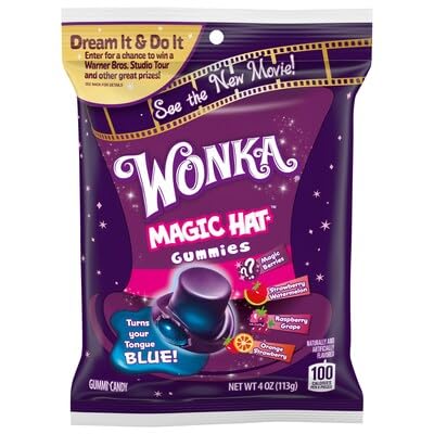 Wonka Magic Hat Gummies packaging featuring various flavors and a blue tongue effect.