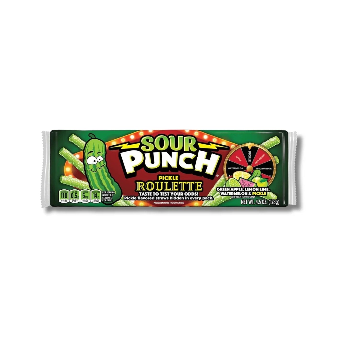 Sour Punch Pickle Roulette candy pack with pickle-flavored and other fruity straws.