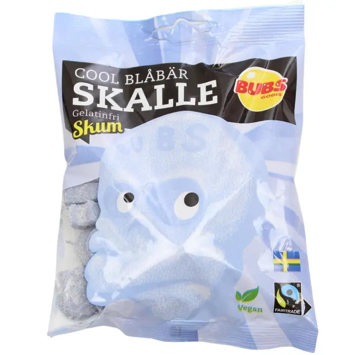 Bubs Cool Blueberry Sour Skulls from Sweden, 90g vegan candy bag.