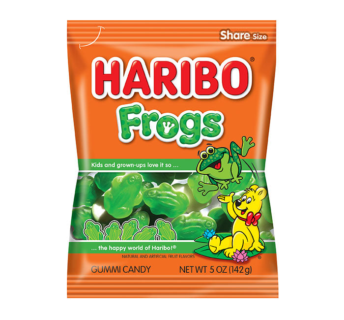 Haribo Frogs Gummies 5 oz bag with peach flavor.