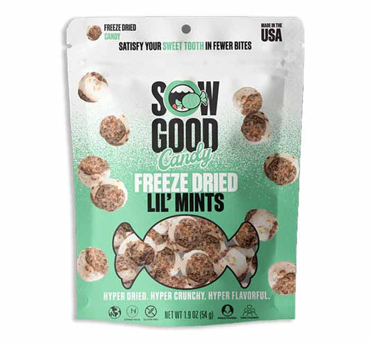 Freeze Dried Lil Mints 1.9 oz bag by Sow Good Candy displaying mint candies on packaging.