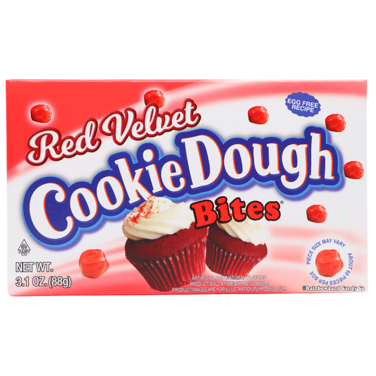 Red Velvet Cookie Dough Bites packaging with red and white design, featuring cupcake imagery.