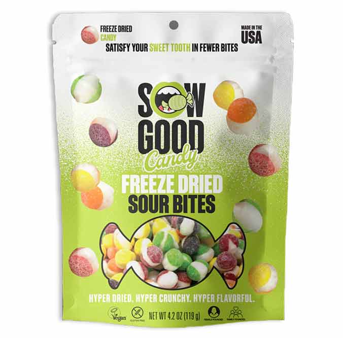 Freeze Dried Sour Rainbow Bites in a 4.2 oz bag with colorful candy packaging.