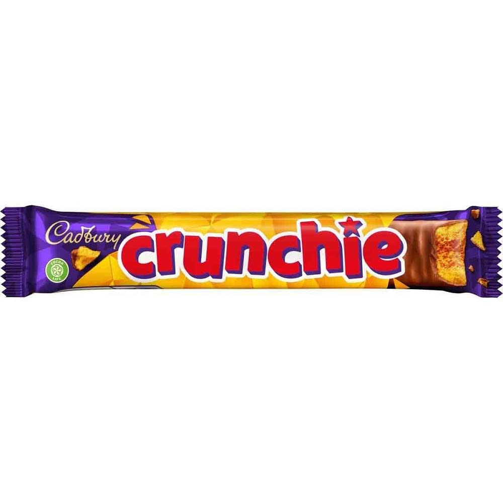Cadbury Crunchie Bar with honeycomb center and milk chocolate coating.