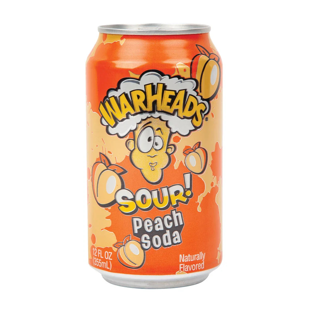 WarHeads Sour Soda Peach flavor can, 12 FL OZ, vibrant orange design.