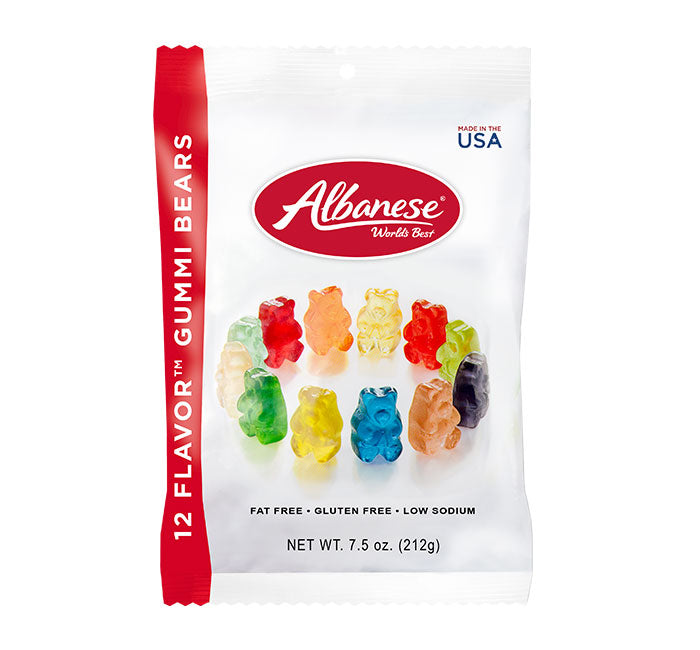Albanese 12 Flavor Gummy Bears 7.5 oz bag with variety of fruity flavors.