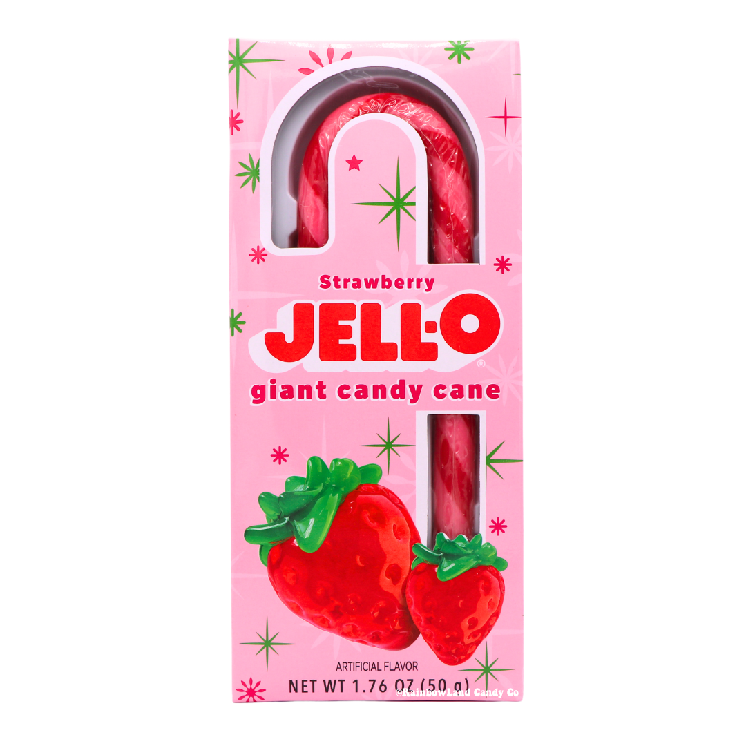 Jell-O Giant Candy Cane with strawberry flavor in festive packaging.