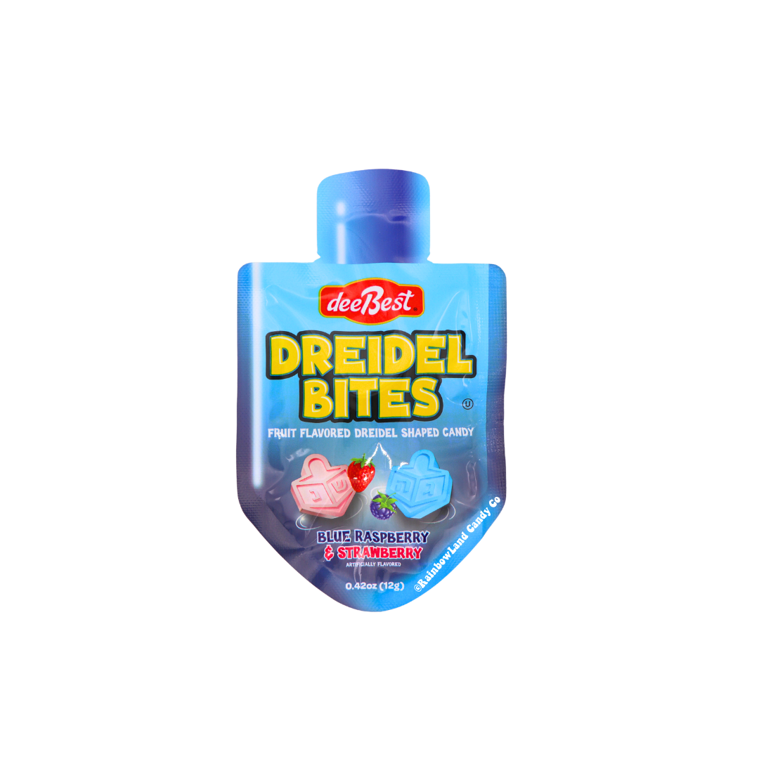 Dreidel Bites candy pouch with blue raspberry and strawberry flavors.