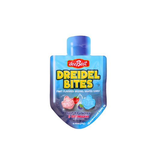 Dreidel Bites candy pouch with blue raspberry and strawberry flavors.