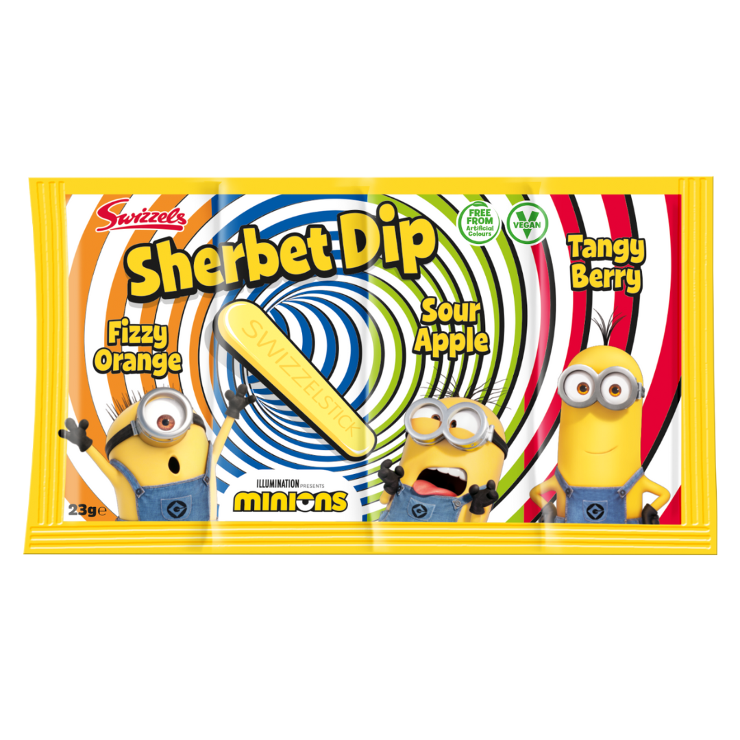 Minions Sherbet Dip candy with Fizzy Orange, Sour Apple, and Tangy Berry flavors from the UK.