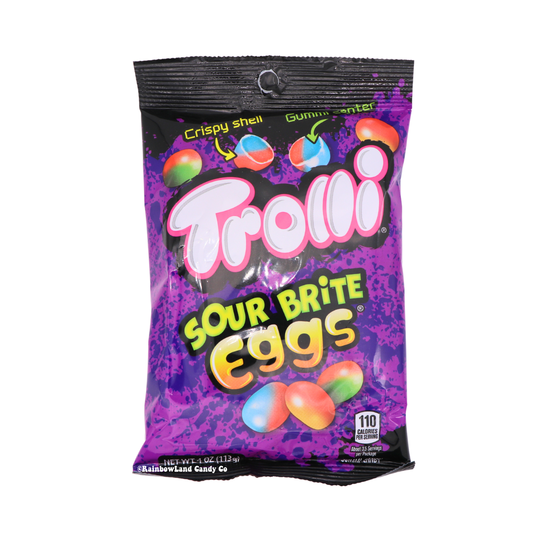Trolli Sour Brite Eggs gummy candy with colorful packaging.