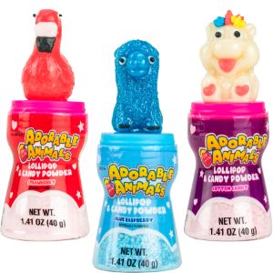 Adorable Animals Dip-N-Lik lollipop designs featuring flamingo, llama, unicorn with candy powder.