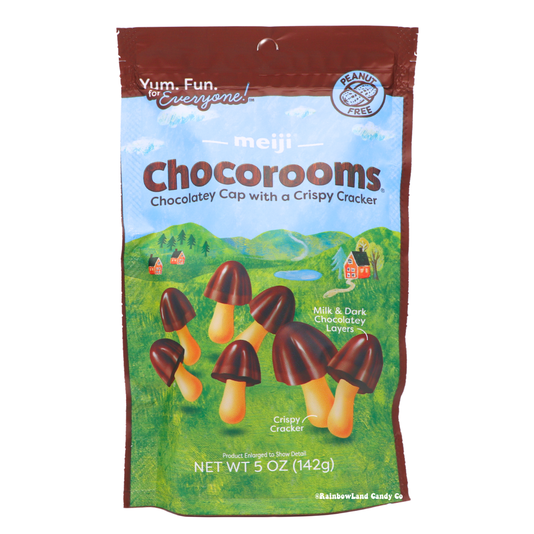 Chocorooms 5 oz bag with chocolate mushroom tops and crispy cracker stems.